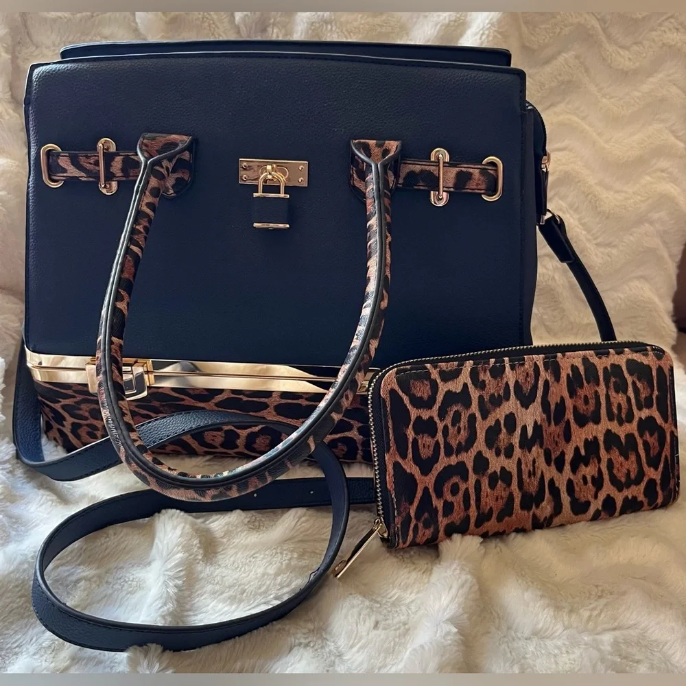 Blue Faux Leather Tote Handbag and Wallet Set